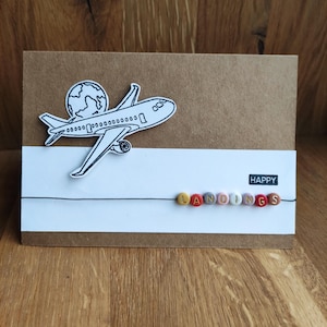Grußkarte Flugzeug "Happy Landings" handgemacht
