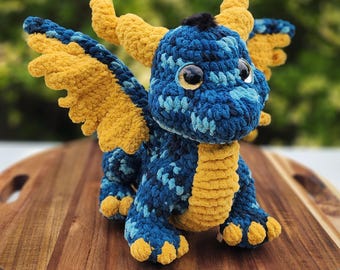 Handmade Blue/Gold Dragon Crochet Stuffed Animal