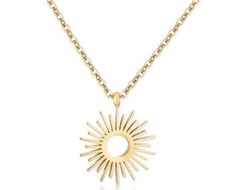 Gold Sun Necklace, Sunburst Pendant Necklace, Boho Sun Pendant Necklace, Yellow Gold Necklace, Dainty Gold Chain Necklace