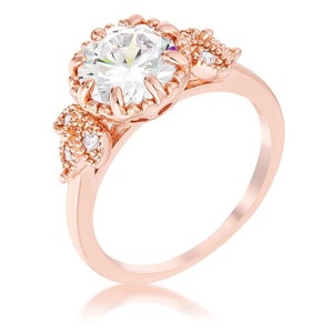 2 Carat Rose Gold Plated Round Cut CZ Trio Laurel Leaf Engagement Ring | Cubic Zirconia Inspiring Promise Ring | Floral Ring Gold