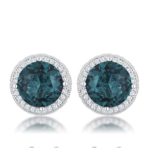 Rhodium Blue Green Clear CZ Halo Earrings, Sapphire Rose Gold September Birthstone Girlfriend Earrings, Round Stud Stone Earrings