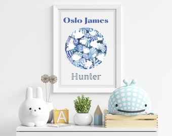 Printable Name Art - Nursery Wall Art - Blue and White Nursery - Beach Art Decor - Ocean Wall Art - Digital Download