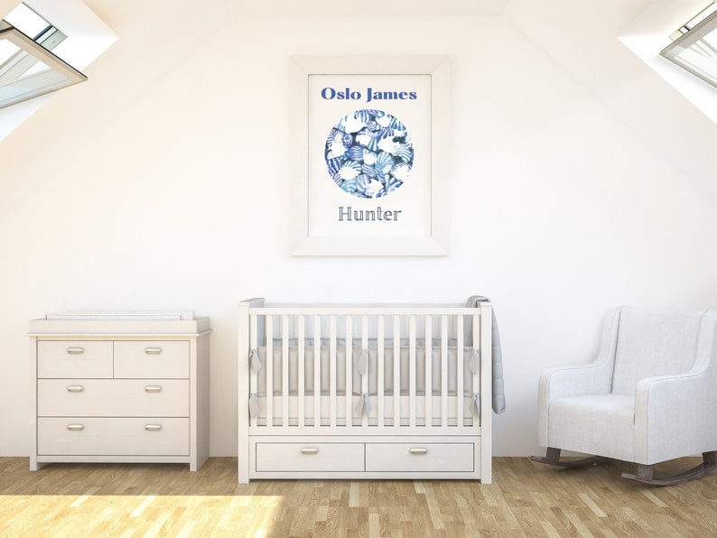 Printable Name Art Nursery Wall Art Blue and White Nursery Beach Art Decor Ocean Wall Art