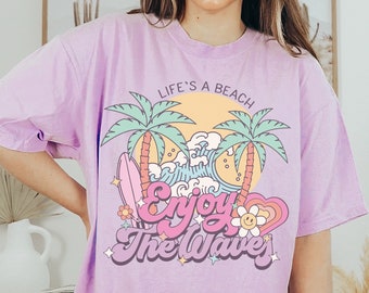 Comfort Colors Retro Summer Shirt, Life's A Beach Enjoy The Waves Shirt, Womens Vacation Shirts, Summer Oversized Tshirt, Beach Graphic Tees