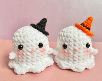 Crochet Halloween Ghost Plushie with Hat, Handmade Acrylic Yarn
