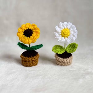 May include: Two crocheted potted plants. One is a sunflower with yellow petals and a brown center. The other is a white daisy with a yellow center. Both plants have green leaves and are in brown pots.