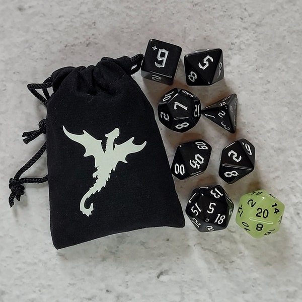 Black Dice Set with Glow in the Dark D20! Dice Bag Included. Great DnD gift. Black Dragon Dice