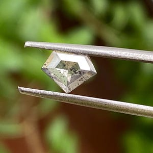 May include: A faceted, shield-shaped diamond held by metal tweezers. The gemstone is a light gray color with dark inclusions, and it has a geometric cut with flat facets. The background is a blurred green.