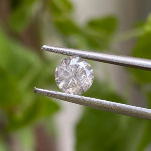 May include: A round, clear diamond held by silver tweezers. The diamond has many facets, reflecting light. The background is a blurred green, suggesting foliage.