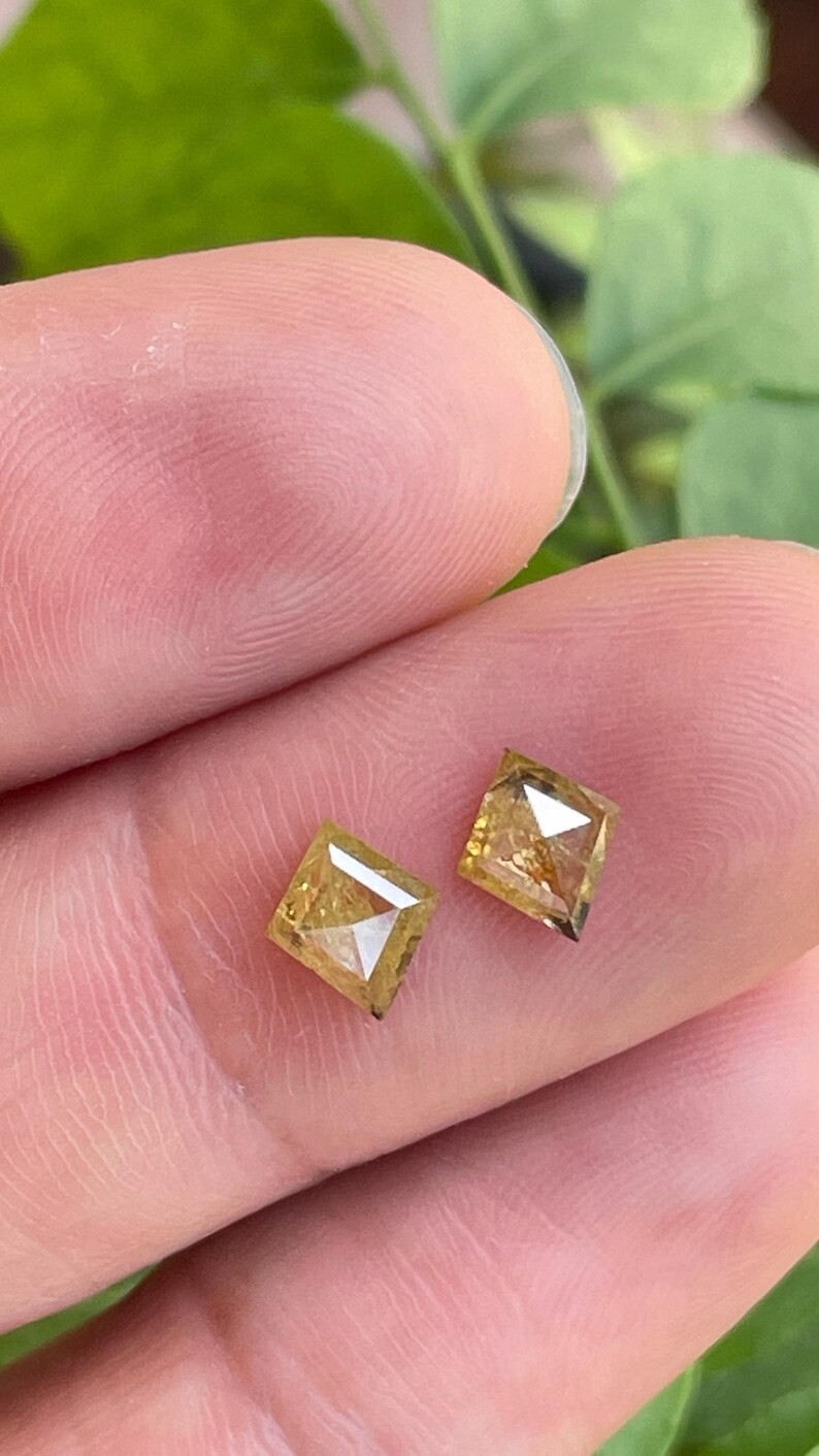 May include: Two small, square-cut, yellow diamonds are held between fingers. The diamonds have a slightly angled cut, catching the light. The background is blurred, with green foliage visible.