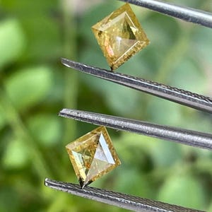 May include: Two square-cut, yellow diamonds are held by tweezers against a blurred green background. The diamonds have a brilliant cut, reflecting light. The gems are likely for jewelry making.