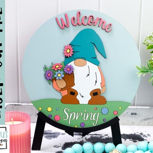 Spring Gnome sign- Spring sign SVG Laser file - Gnome Glowforge file - Spring Gnome door hanger cut file - Digital Download