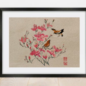Magnolia Flower & Sparrows Chinese Art Print / Traditional Chinese Wall Art / Chinese Art Prints / Chinese Antique Wall Hangings