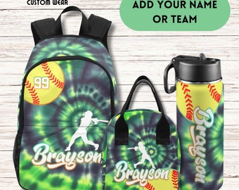 Mochila de softbol personalizada con teñido anudado, bolsa de almuerzo y botella de agua a juego