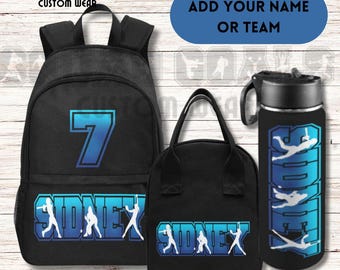 Mochila de softbol personalizada con bolsa de almuerzo y botella de agua a juego: agregue nombre y número de jugador