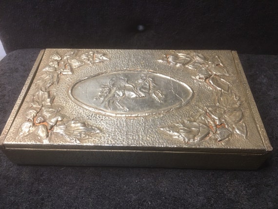 pewter cigarette case Antique Pewter Covered Cigarette Box With Horse and Flower Pattern