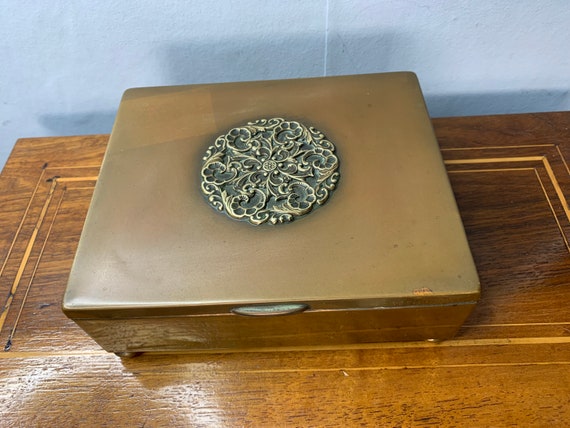 art deco cigarette box Gold Case in Hand Painted Emerald Green Enamel Geometric Inspired with Personalized and Color Options circa first half 20th century Vintage Art Deco Plated Cigarette