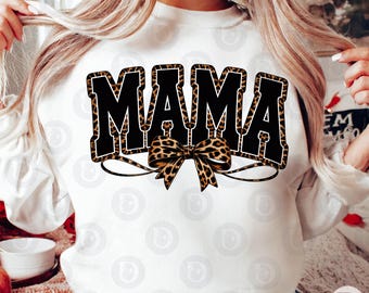 Mama Leopard Coquette Bow PNG: Retro Varsity Design (Digital Download