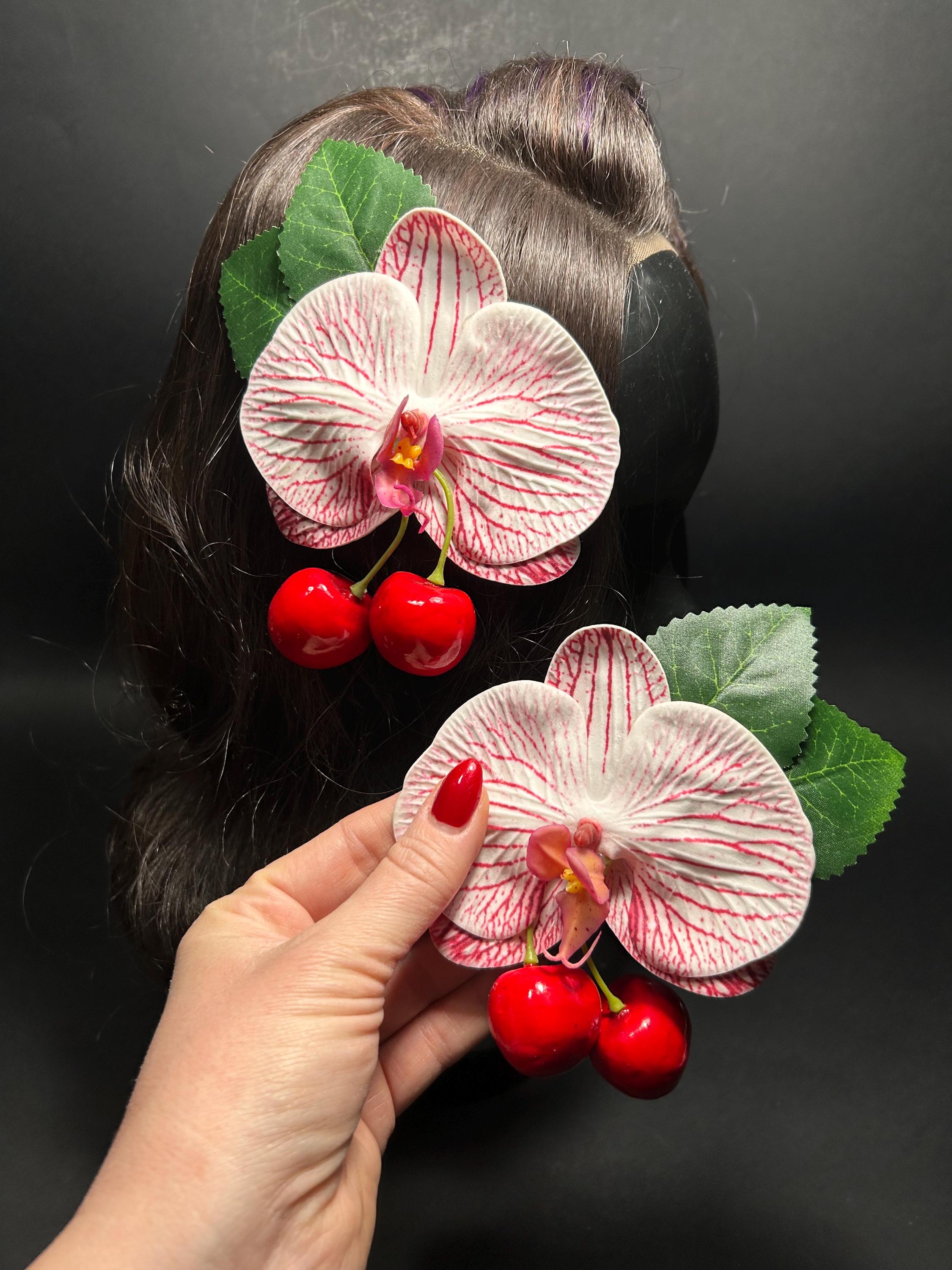 Pink Orchid Red Cherries 1950s Vintage Pin up Hair Flowers 