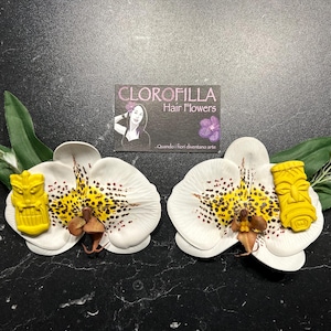 Máscara Tiki con flores para el cabello - Luau hawaiano con orquídeas estilo pin up de los años 50 - Oasis Tiki de la Polinesia - Tikitaly