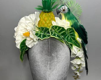 Tropical Yellow Pineapple Parrot Jungle Palm Leaves White Hibiscus Flowers Exotic Headpiece Carmen Miranda Fascinator Tiki Oasis Frida Kahlo