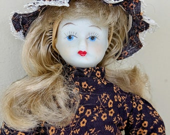 Early American 8.5" Handmade Doll Prairie Flower Dress Porcelain Painted Face