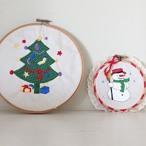 Vintage 2 Handmade Embroidered Ornaments Christmas Tree Snowman Round Wood