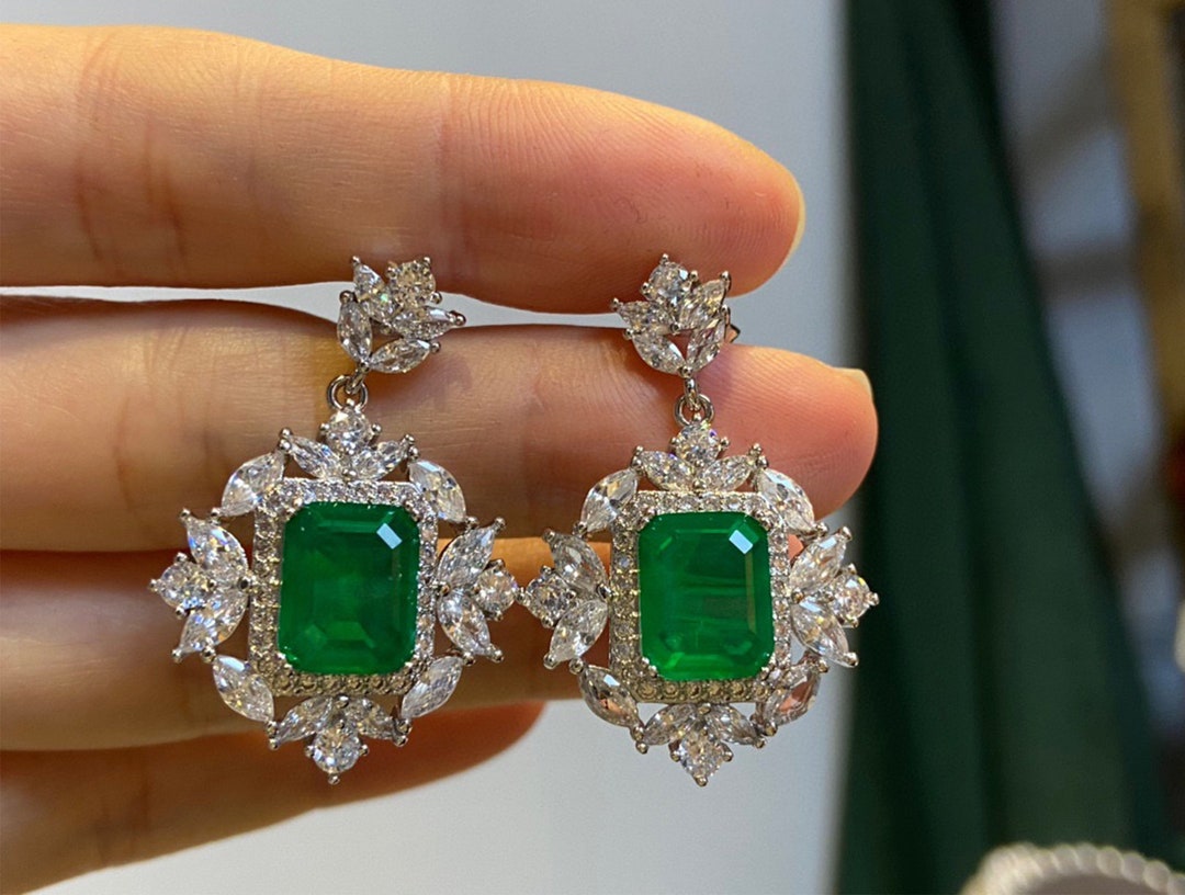 Large Emerald Dangle Earrings Green Gemstone Earrings - Etsy