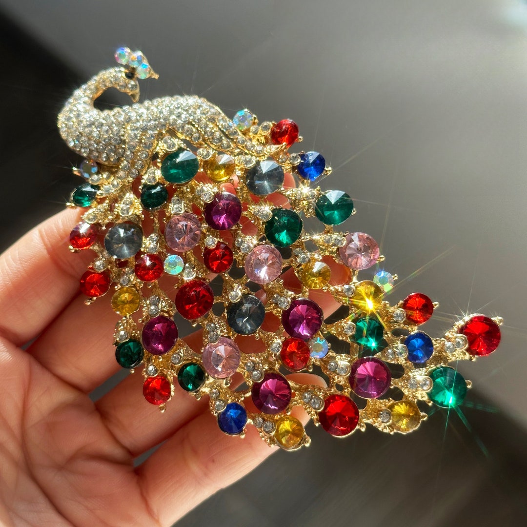 Broche Vintage Oiseau En Métal Argenté Avec Cristaux Blancs - Occasion - Bijou Rétro J8