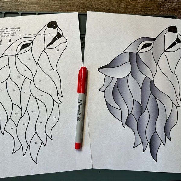 Digital (PDF) Stained glass pattern - Howling Wolf Head Profile