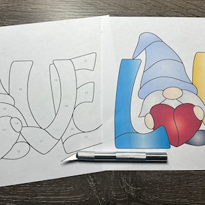 Digital (PDF) Stained glass pattern - LOVE and Gnome with Heart