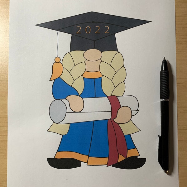 Digital (PDF) Stained glass pattern - Graduating Gnome with Braided Hair Holding Diploma - Graduation Gift