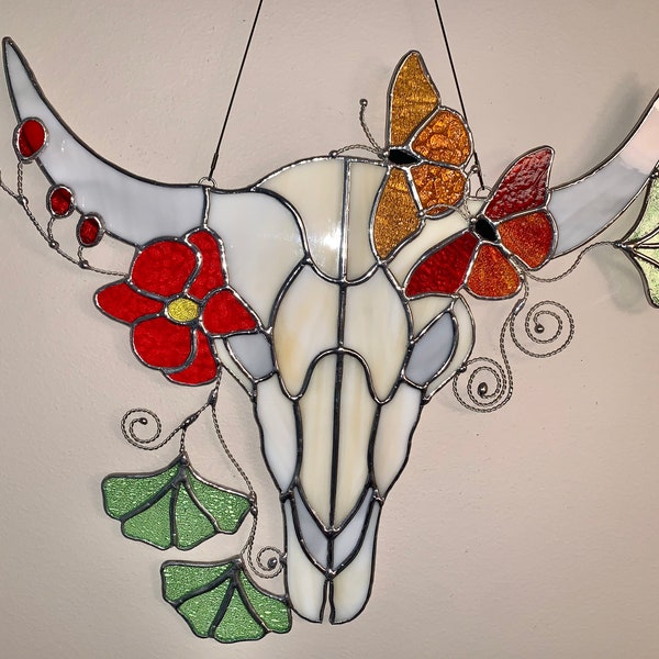 Goat Skull with Red Flower, Ginkgo leaves and Butterflies - Stained Glass Suncatcher Panel