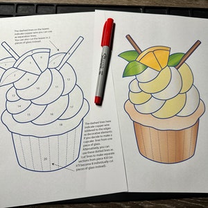 Digital (PDF) Stained glass pattern - Lemon Cupcake with lemon wedge, mint leaves and 2 rolled wafers