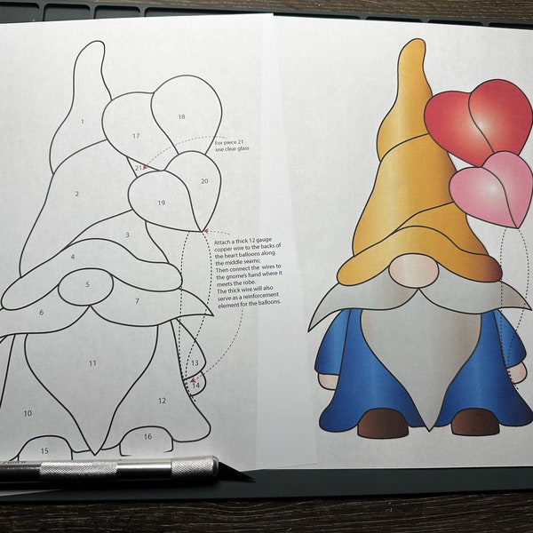 Digital (PDF) Stained glass pattern; Gnome Holding 2 Heart Shaped Balloons