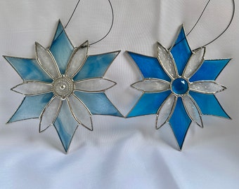 Blue and Clear Glass Snowflake Variations - Stained Glass Suncatcher