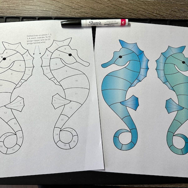 Digital (PDF) Stained glass pattern - Seahorse (left and right facing variations)