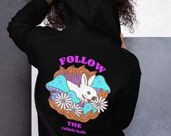 Trippy Design Unisex Hoodie, beidseitiger Druck, Follow the Rabbit Hole