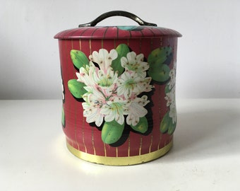 vintage MacFarlane Lang Biscuit Tin Caddy avec du rouge avec des fleurs de chèvrefeuille illustrées 5,5 x 5"