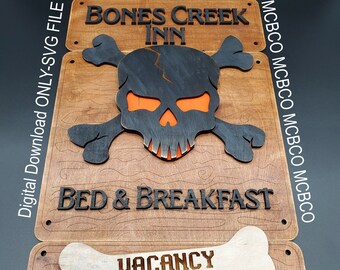 Bones Creek Inn Halloween Door Hanger Sign SVG Laser Cut File - Digital Download File - Bed & Breakfast SVG - Halloween SVGGs