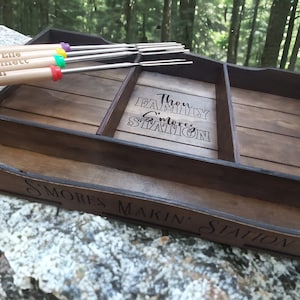 Personalized S'mores Making Station Tray Gift & Engraved Marshmallow Roasting Sticks | house warming gift | smores bar | campfire | camping