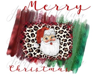 Puede incluir: Una ilustración digital de la cara de Santa Claus con un gorro rojo y barba blanca. La imagen está sobre un fondo de pinceladas rojas, verdes y marrones con un patrón de estampado de leopardo.