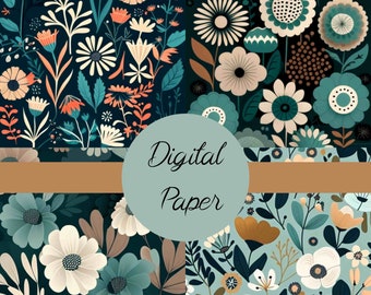 Digital Paper, Printable Paper, Digital Paper Pattern, Boho, Flowers, Seamless, High Resolution, Unique Design, Digital Journal Pages, Green