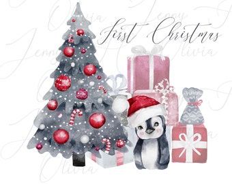 Baby's First Christmas Penguin PNG, Santa Hat, Christmas Tree (Digital Download)