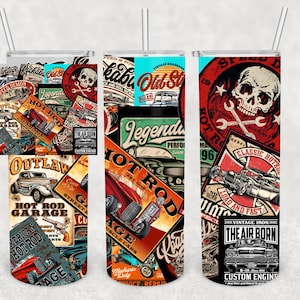 Vintage Hot Rod Classic Rat Cars, Skinny Straight, Tumbler Wrap Template, 20 oz., Sublimation PNG File, Masculine Man Gift, Digital Download
