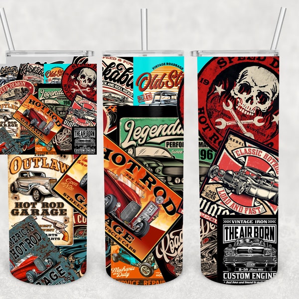 Vintage Hot Rod Classic Rat Cars, Skinny Straight, Tumbler Wrap Template, 20 oz., Sublimation PNG File, Masculine Man Gift, Digital Download