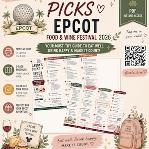 May include: A digital download guide titled Gabby's Picks Epcot Food & Wine Festival 2026. The document features a two-page brochure layout with lists of food and drink items, a QR code, and illustrations of a backpack, wine, cheese, and Epcot.