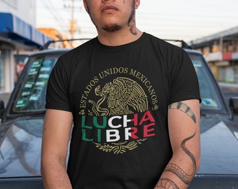 May include: A black t-shirt with a gold eagle graphic and the text "Estados Unidos Mexicanos Lucha Libre" in green, white, and red.