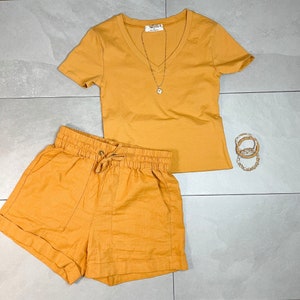 Linen Shorts and Cotton Shirt | Women&#39;s Linen Bottoms | Linen Pants | Yellow Linen Shorts | Linen Two Piece Set