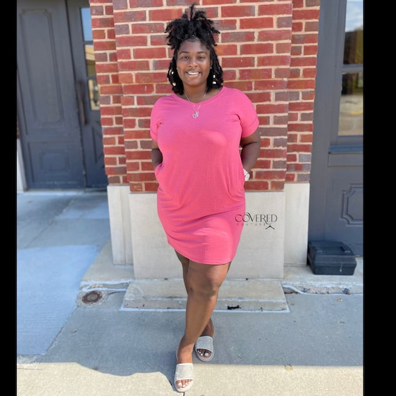 pink t shirt dress plus size Ketyyh-chn99 Dresses Solid Color T Shirt Dress for Women 3/4 Sleeve Plus Size Hot Pink,4XL